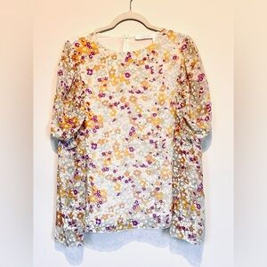 SEE BY CHLOÉ • Multi Floral Velvet Burnout Ruffle Long Sleeve Silk Blouse Sz L
